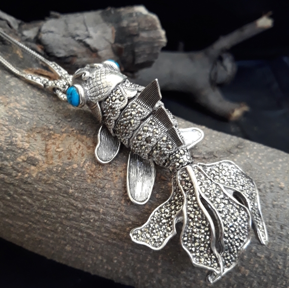 Gold Fish Marcasite and Turquoise Necklace - Picture 6 of 11